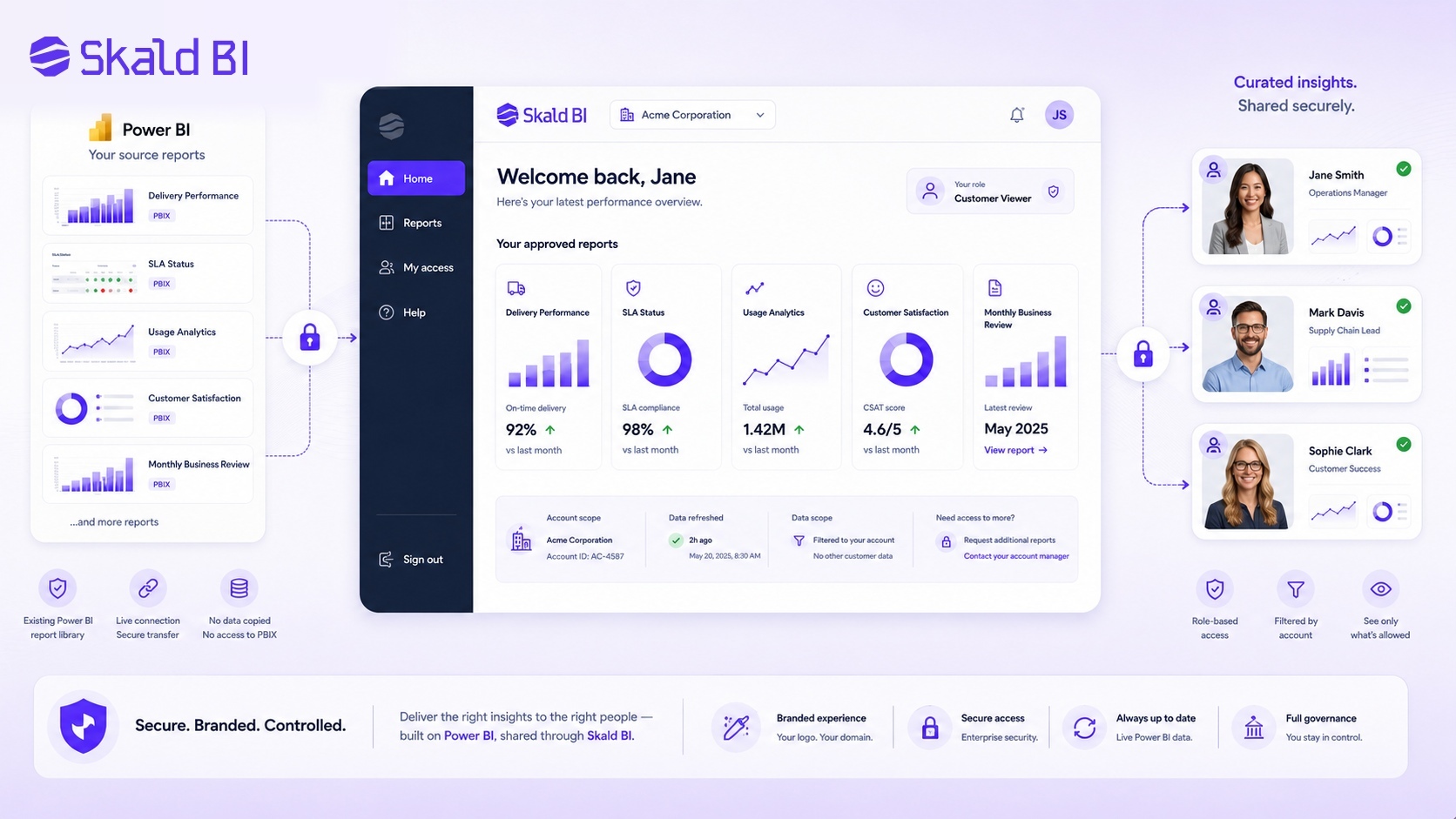 Customer-facing Power BI dashboard shared through a branded portal