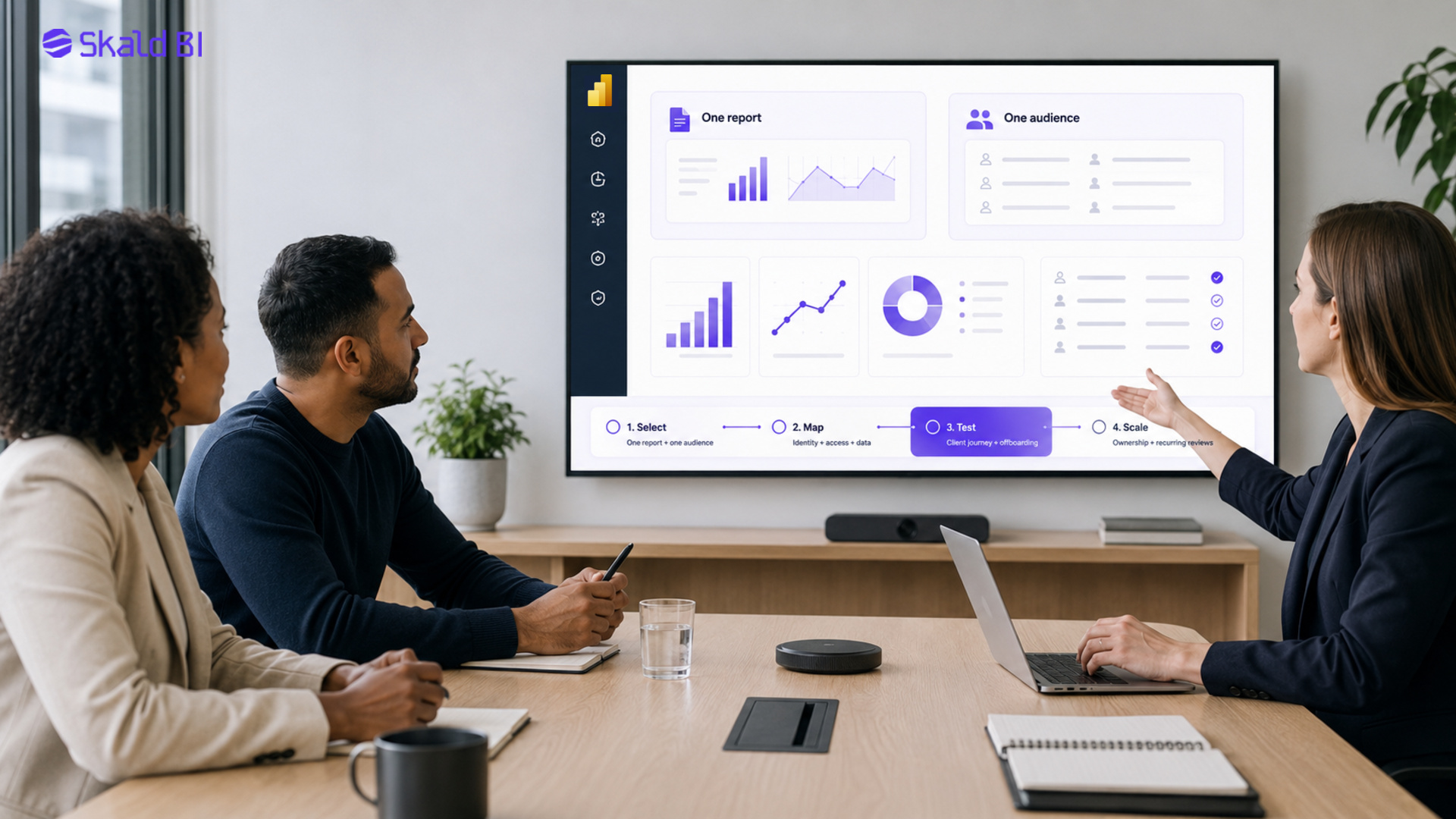 Four-stage pilot for client reporting covering reports, audiences, controls and a representative client test.