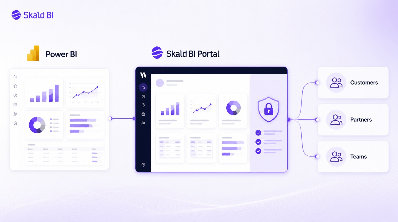 Secure power bi portal showing Power BI reports shared through a branded Skald BI portal with customers and partners.