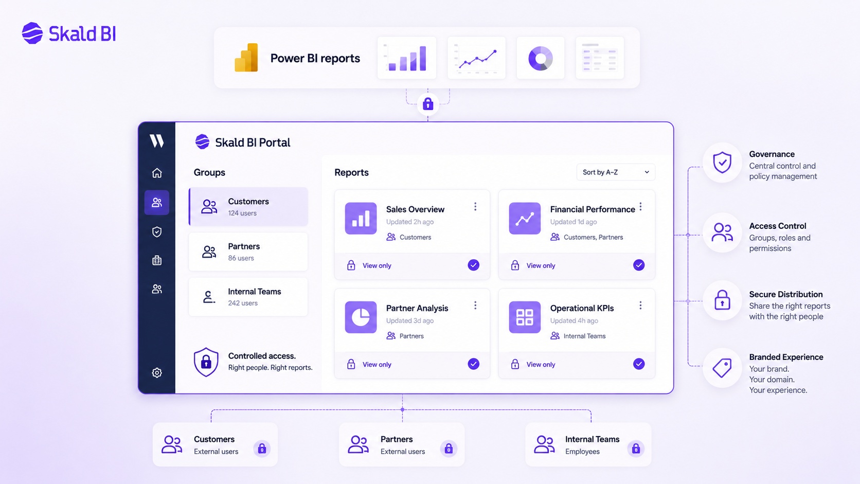 Power BI portal governance view showing controlled report access for customers, partners and internal teams.